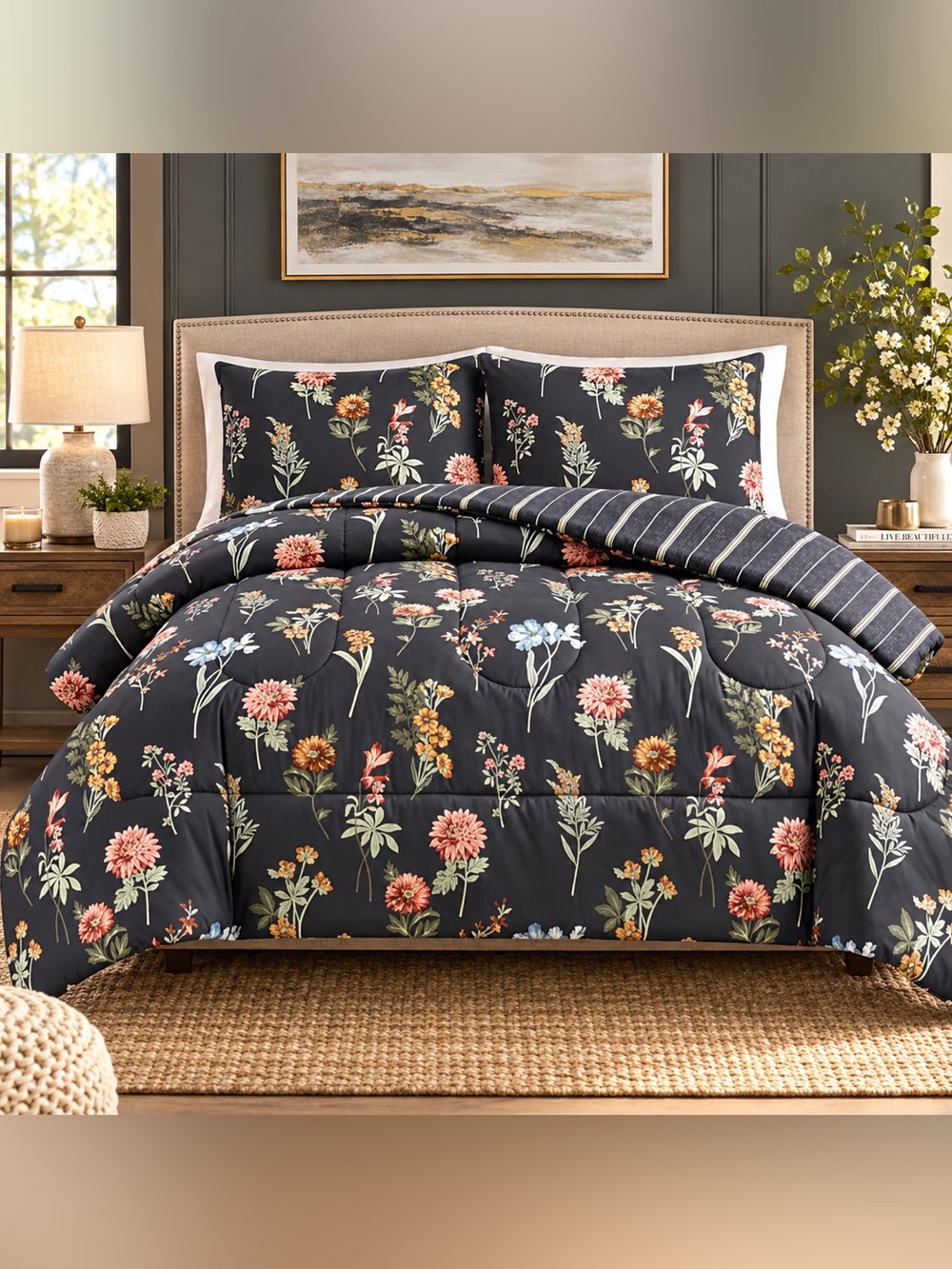 Richmond Park Wren King 3pc Black Floral Comforter Set